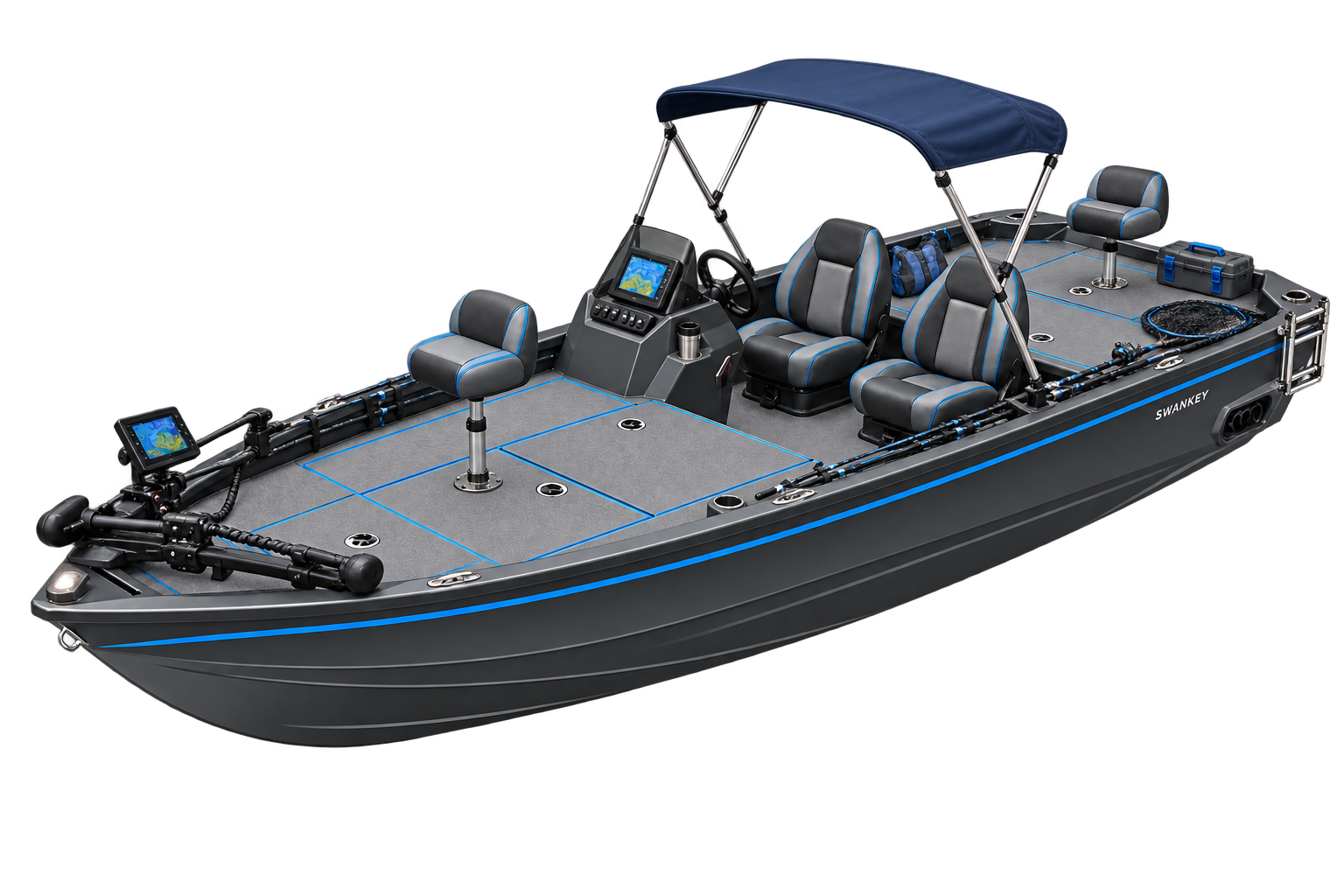 Swankey E498 equipped design with fishing gear and compact sun canopy